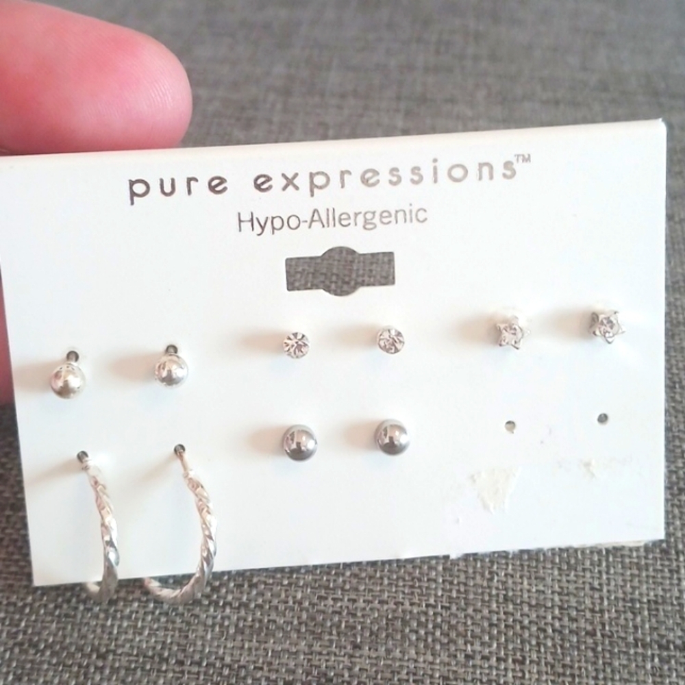 5 Pairs of Hypo Allergenic Studs and Hoop Earrings Silvertone - Pre-loved